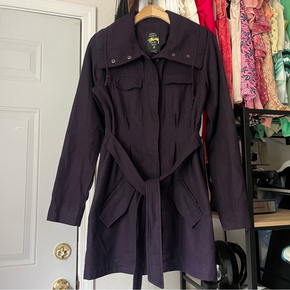 STUSSY vintage women’s dark plum purple wool cinched waist long line coat